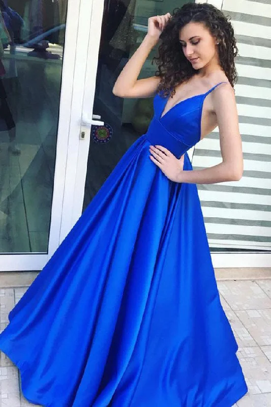 A Line Royal Blue Spaghetti Straps Satin Prom Dress with Pleats N729