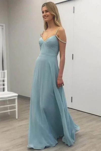 A Line V-Neck Floor-length Chiffon Prom Dresses with Beading Straps Evening Dresses N1369