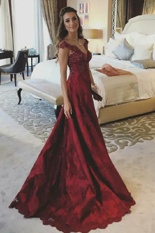 A Line V-Neck Sleeveless Appliques Prom Dresses Dark Red Popular Evening Dresses N1273