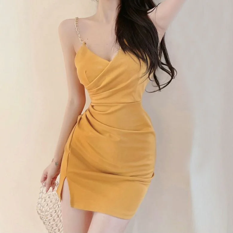 Backless V-Neck High Waist Chain Slip Dress