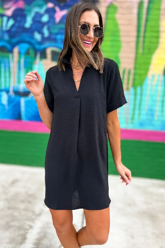 Black Collared V Neck Rolled Sleeves Shift Dress