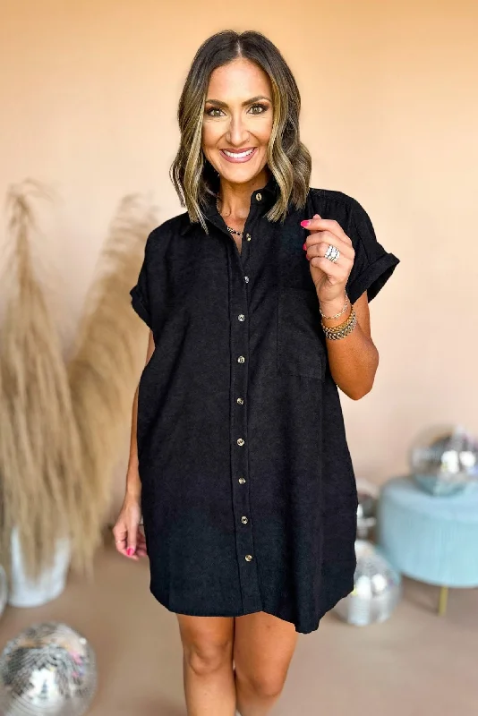 Black Corduroy Pocket Detail Button Down Dress