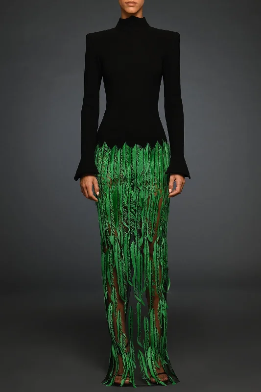 Black crepe dress with green feathers embroidery