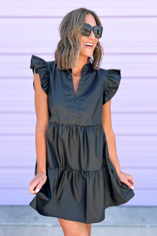 Black Faux Leather V Neck Ruffle Sleeve Tiered Dress