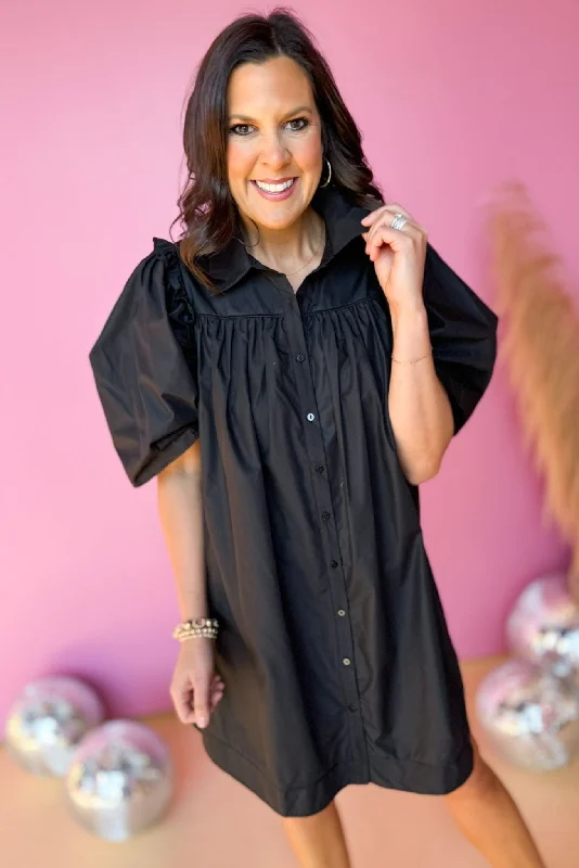 Black Poplin Collared Button Down Frill Puff Sleeve Dress