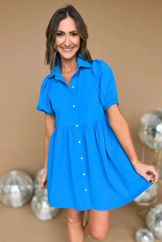 Blue Pearl Snap Collared Puff Sleeve Button Down Dress