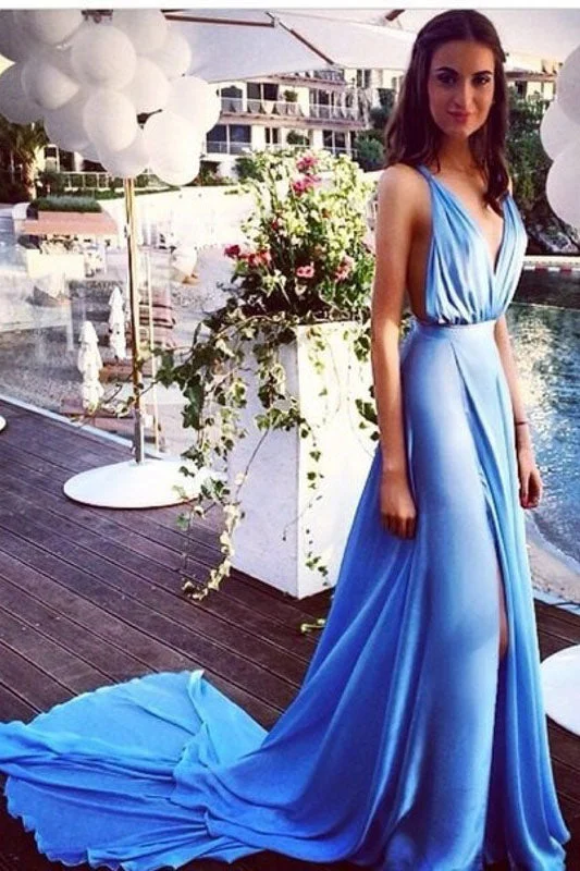 Blue Sleeveless V-Neck Split Court Train Prom Dresses N736