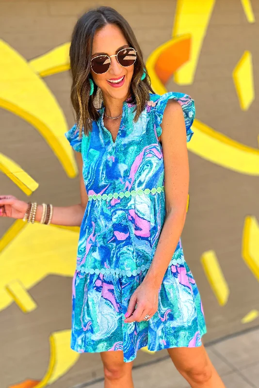 Blue Swirl V Neck Flutter Sleeve Tiered Dress