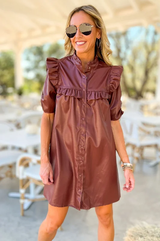 Brown Faux Leather Ruffle Hem Button Up Dress