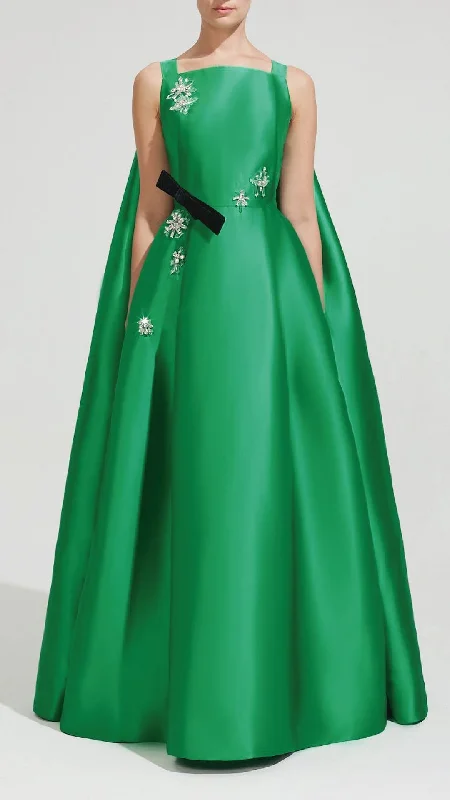 Cape style gown in jade taffeta