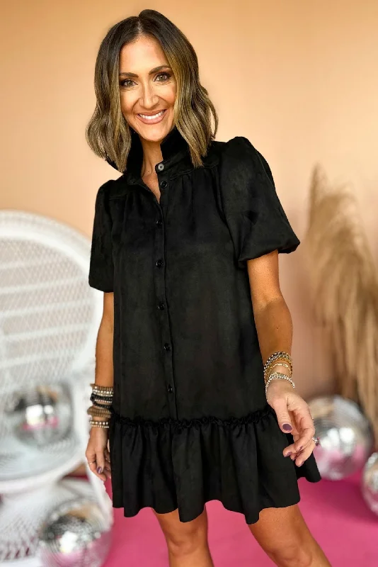 Black Faux Suede Button Down Puff Sleeve Dress