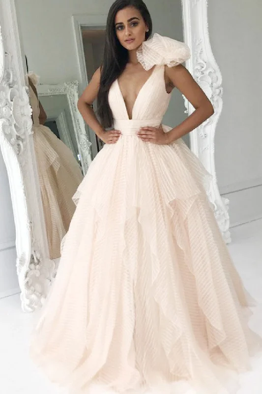 Deep V-Neck Light Pink Ball Gown Princess Prom Dresses Quinceanera Dresses N1179