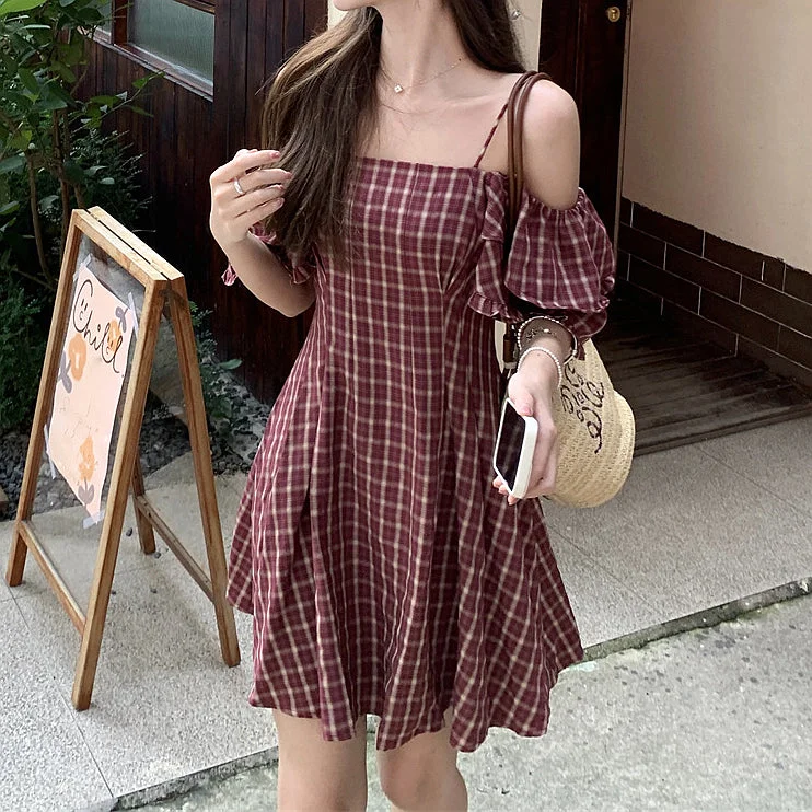 Falbala Plaid Waist Slim Off Shoulder Dress