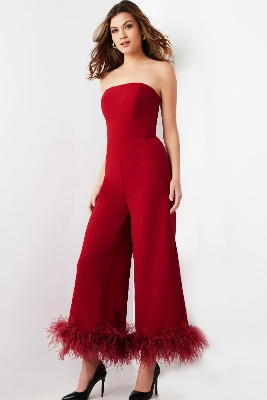 Feather Hem Strapless Jumpsuit by Jovani 22590