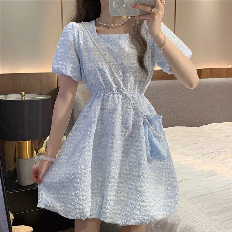 French Square Neck Puff Sleeve Waist Dress With Bag