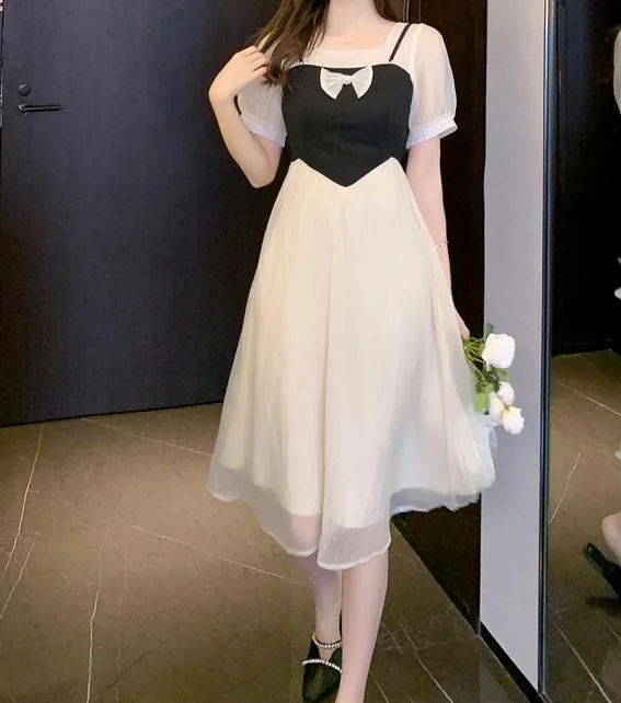 French Stitching Bow Chiffon Fake Two-Piece Dress