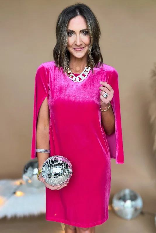 Fuchsia Velvet Slit Sleeve Shift Dress