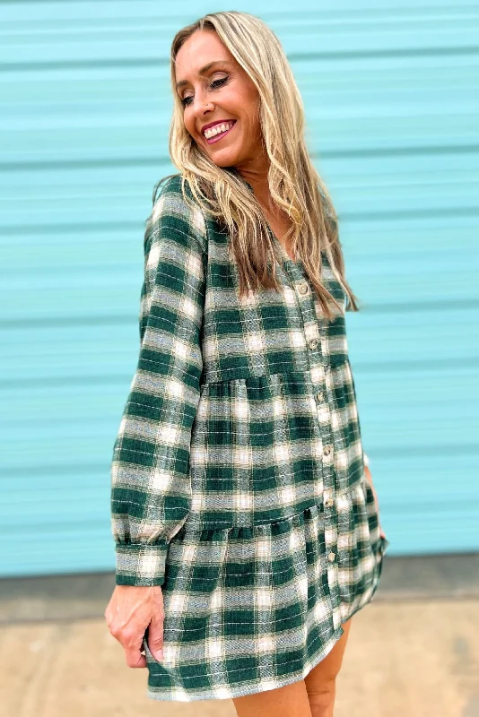 Green Plaid Drop Waist Button Down Dress