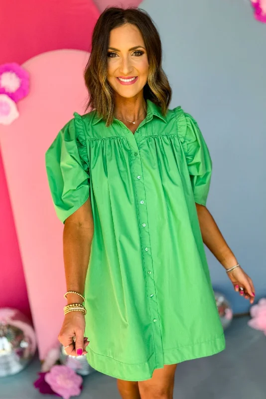 Green Poplin Collared Button Down Frill Puff Sleeve Dress