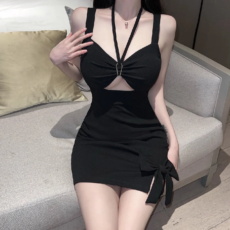 Hollow Halterneck Bow Sexy Slim Dress