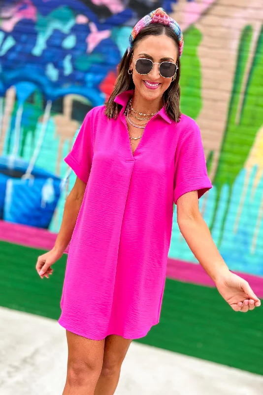 Hot Pink Collared V Neck Rolled Sleeves Shift Dress