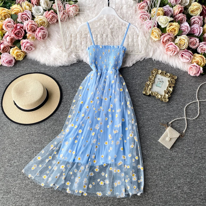 JMPRS Summer Beach Mesh Floral Dress Women Vintage Elegant Sexy Beach Sundress Woman Party Night Korean Kawaii Vestidos