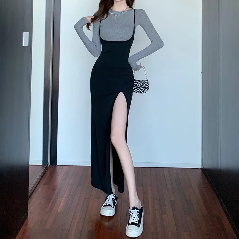 Knit Top Crossover Halter Slit Dress Suit