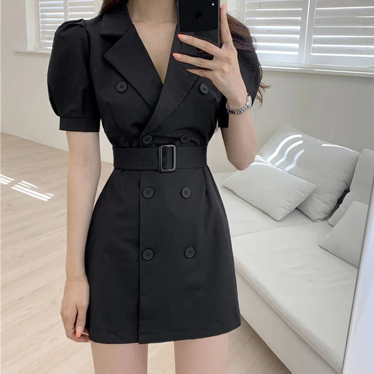 Lapel Belt Puff Sleeve Button Suit Dress