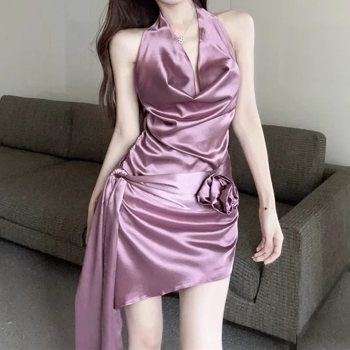 Large Backless Strappy Halterneck Bow Purple Dress