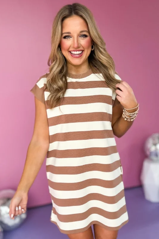 Light Mocha Striped Cap Sleeve Dress