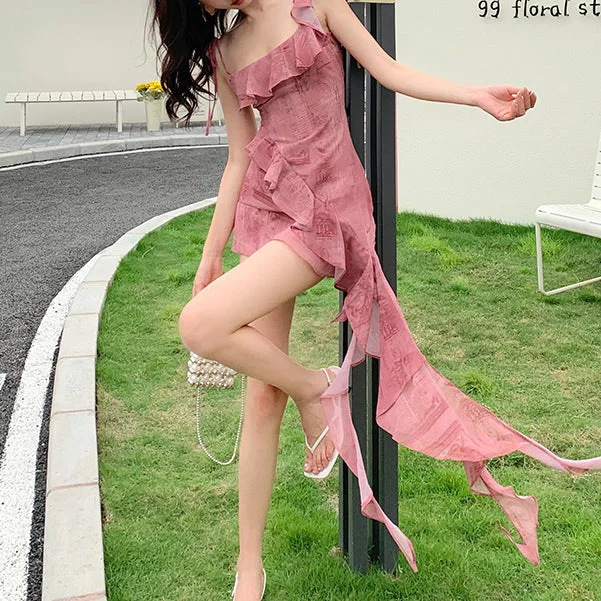 Mermaid Ji Ruffled Irregular Ribbon Dress