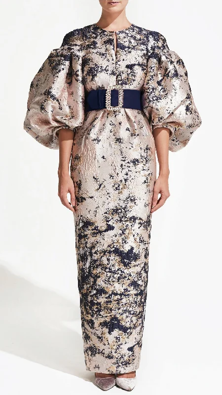 Modest brocade dress with belt