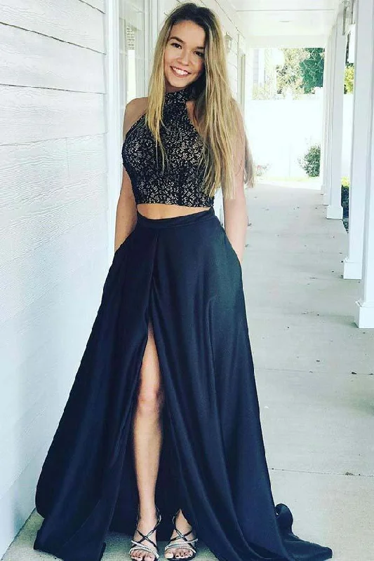 Navy Blue High Neck Prom Dresses with Slit Two Piece Sleeveless Formal Dresses N1137