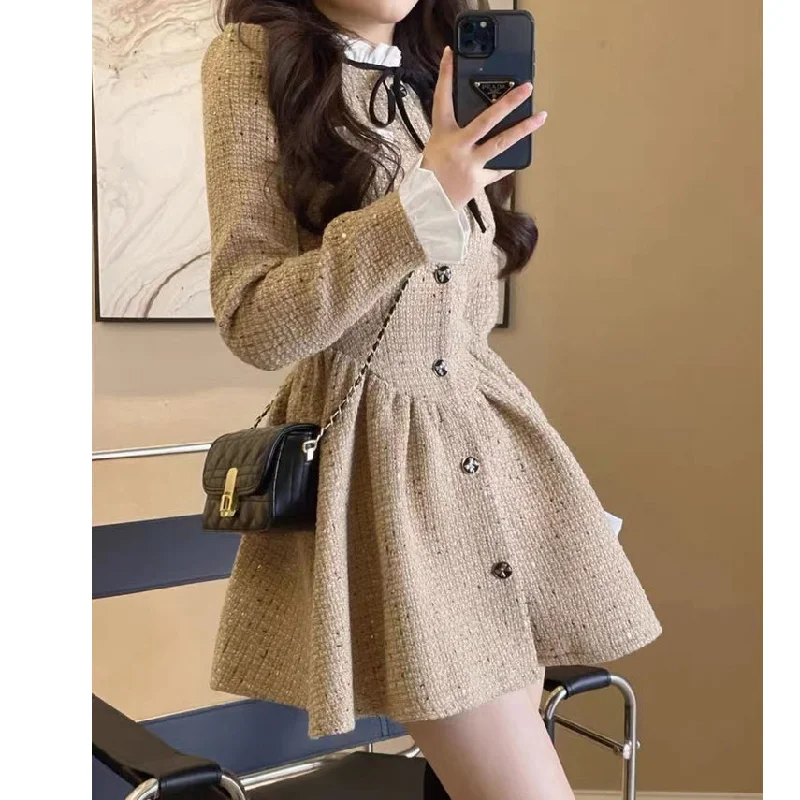 Nipped-Waist Bell-Sleeved Tweed Elegant Dress