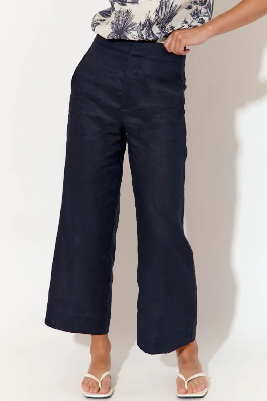 Nisha Cropped Linen Pant | Navy