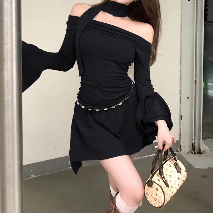 Off-Shoulder Trumpet Sleeve Solid Color Hip Dress