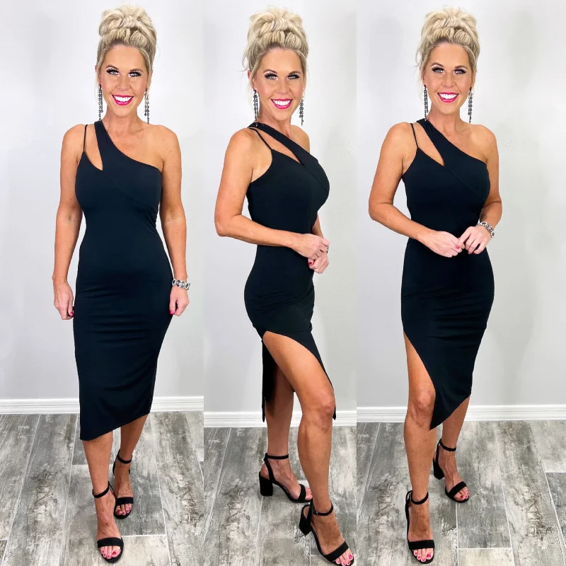 One Shoulder Slit Dress - Black