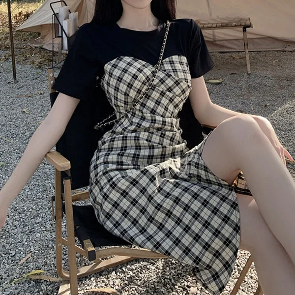 One-Step Dress With Stitching Plaid Slit