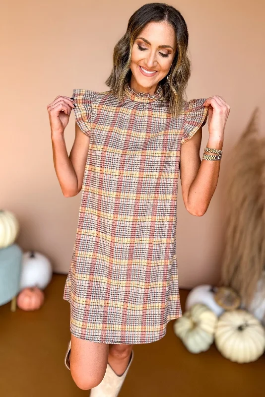 Orange Plaid Ruffle Sleeve Tie Back Dress