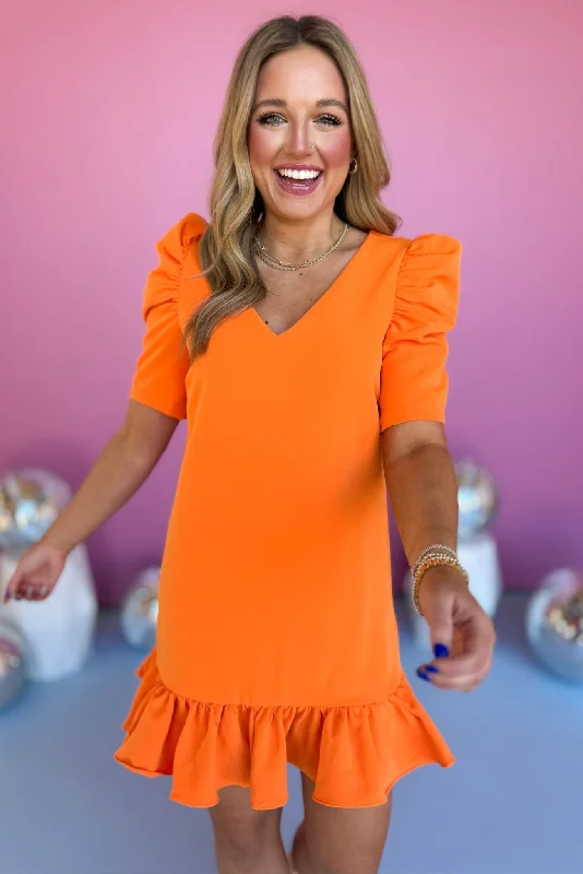 Orange V Neck Puff Sleeve Ruffle Hem Dress