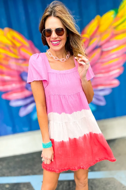 Pink Colorblock Dip Dye Square Neck Tiered Dress