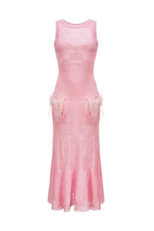 Pink Rose Knit Dress With Feathers