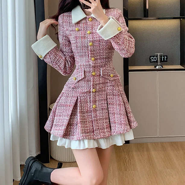 Pink Tweed Single-Breasted Slim Dress