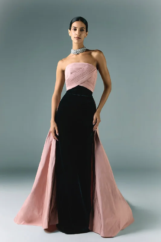 Pleated bodice velvet dress with taffeta drapes