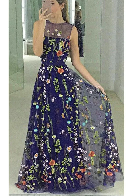 A Line Sleeveless Embroidery Flowers Prom Dress