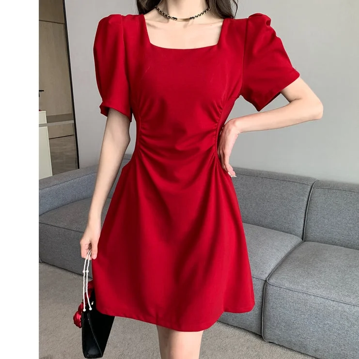 Puff Sleeve Square Neck Pleated Waist Dress