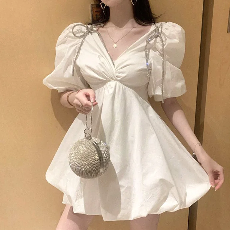 Puff Sleeve V-Neck Fluffy White Dress