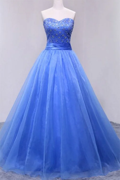 Puffy Sweetheart Organza Floor Length Prom Dresses with Beading Strapless Evening Dresses N1185