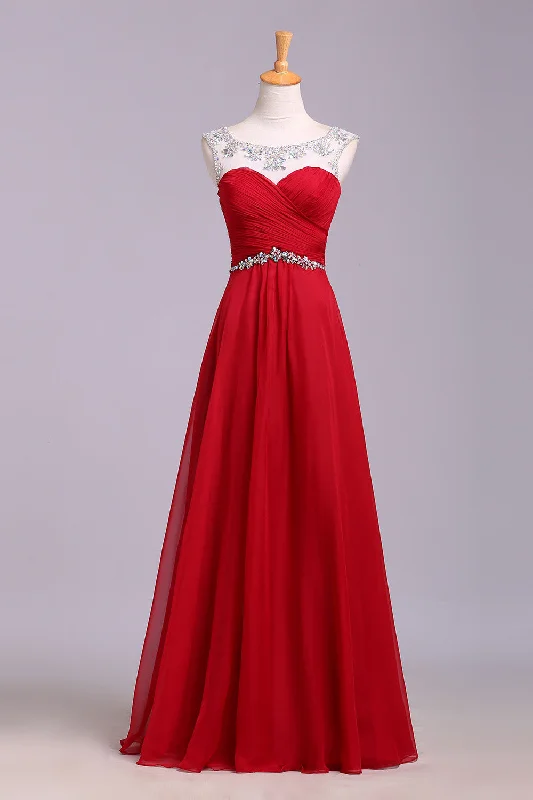 Red Floor Length Chiffon Prom Dresses with Crystals A Line Pleated Evening Dresses N1197