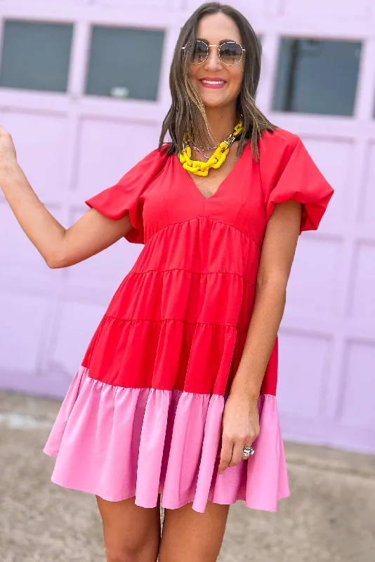 Red Pink Colorblock V Neck Bubble Sleeve Babydoll Dress